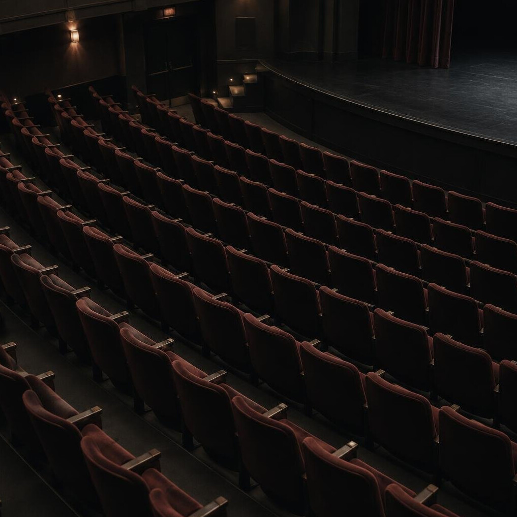 Empty theater seating rows viewed from above in dim light