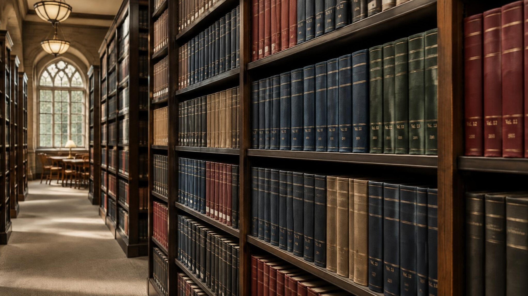 Rows of bound academic journals on library shelves