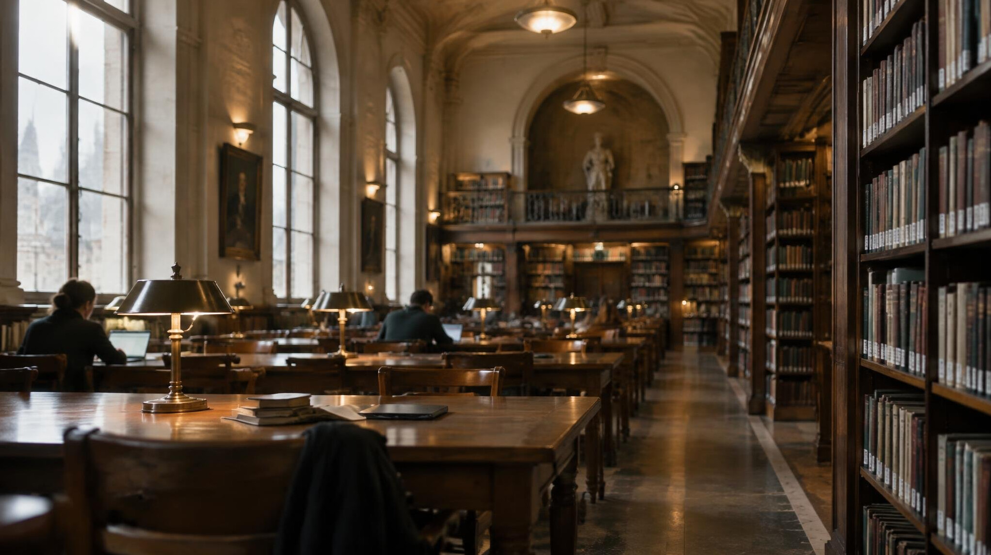 Empty reading room of a European library with long wooden tables