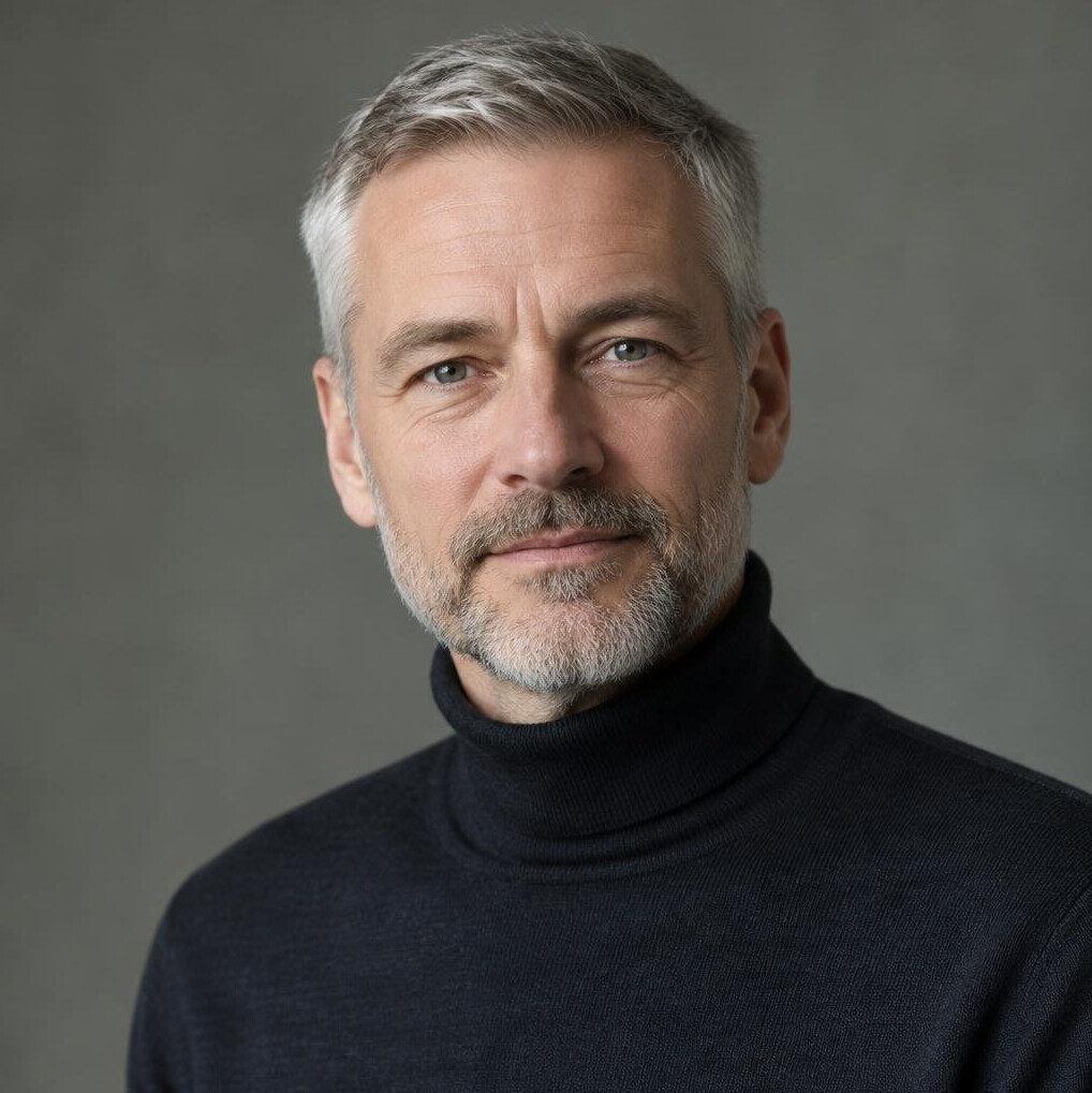 Studio portrait of a man researcher in his fifties